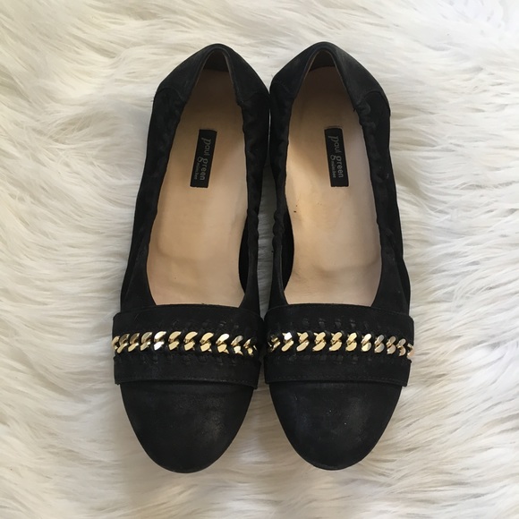 Paul Green Gold Chain Black Suede Flats Shoes - Picture 2 of 6